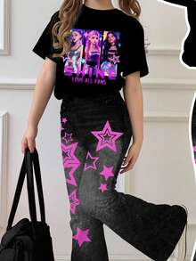 2pcs/Set Tween Girls Black Cartoon Character Print Loose Fit Crew Neck Short Sleeve T-Shirt And Flare Pants, Casual Outfit For Spring/Summer Daily Wear And Outings - Multicolor - View 5