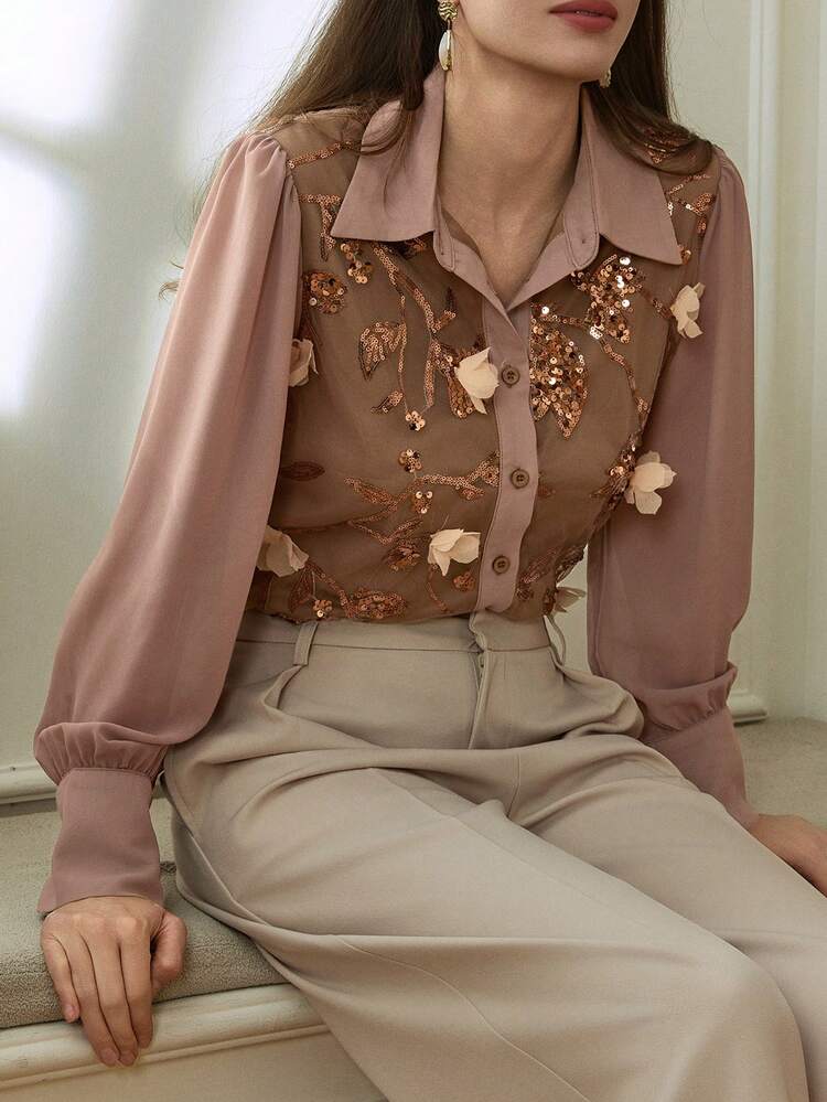 Women's Fashion Sequin 3D Floral Button Long Sleeve Shirt Carnival Business Casual Woman