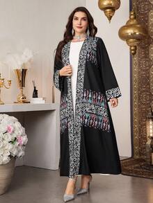 Al Najma 传统保守开襟长袖宽松经典时尚优雅长款百搭设计图案印花黑色加大码女式阿拉伯长袍 - 黑色 - 查看 6