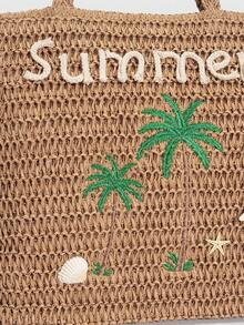 ROMWE Fairycore 1 件装节日主题贝壳、星星、珍珠装饰女士手提包，大容量字母草编沙滩包，适合春夏 - 深棕色 - 查看 8