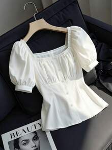 Franclia 女士纯色优雅泡泡袖方领开衫衬衫 - 白色 - 查看 3