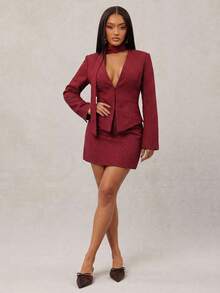 Radiana 大码女装秋冬三件套复古通勤红色千鸟格羊毛套装：修身西装外套+低腰裙+围巾（带垫肩）；粗花呢两件套，红色西装外套，女士红色两件套，西装外套和裙子套装，复古优雅。 - 紅色 - 查看 4