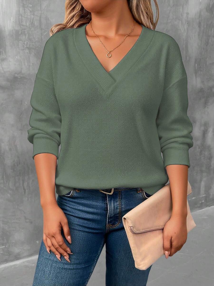 EMERY ROSE Olive Green V-Neck Long Sleeve T-Shirt, Plus Size Fall - Multicolor - View 1