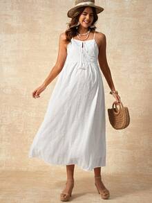 孕妇度假刺绣镂空流苏系带休闲吊带裙 - 白色 - 查看 8