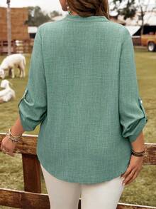 EMERY ROSE Plus Size Women's Casual Basic Roll Up Sleeve Notched Neck Blouse Fall - Mint Green - View 2