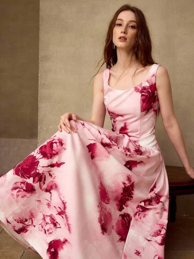 VESTIDO FEMININO DE CINTURA MARCADA COM ESTAMPA FLORAL SEM MANGAS, ESTILO DE FÉRIAS DE VERÃO