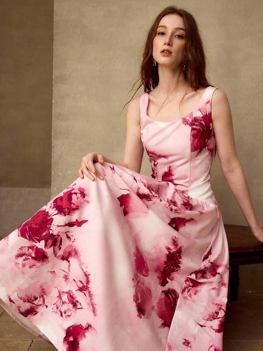 MOTF PREMIUM WOMEN'S FLORAL PRINT SLEEVELESS WAIST CINCHED DRESS, SUMMER VACATION STYLE - Multicolor - View 1