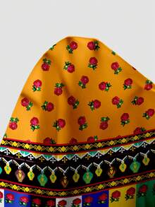 EMERY ROSE Casual Minimalist Black Background Red Rose Geometric Patchwork Placement Retro Print 3/4 Sleeve Women's Shirt Spring - Multicolor - View 7