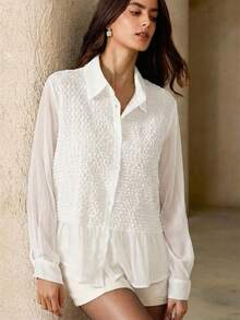 Chiquease Women's Vintage French Style Ruched Patchwork Blouse, Unique Design, Lightweight Sheer Protection Collared Button-Up Long Sleeve Shirt, Spring/Summer - White - View 3