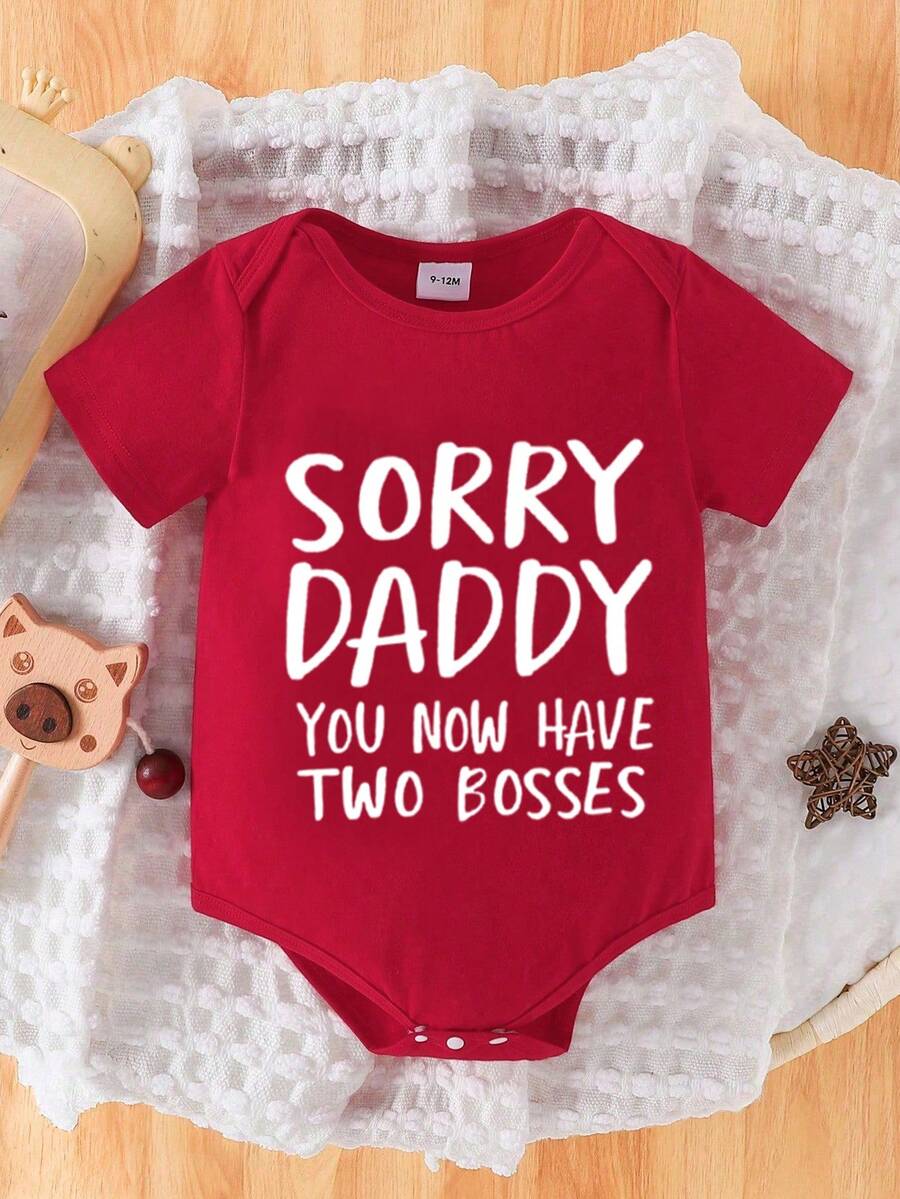 SHEIN Playful Pals Baby Girl Holiday Letter Print Bodysuit, Cute & Minimalist Design, Suitable For Spring/Summer Holidays - Red - View 1