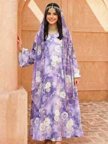 Tween Girl Loose Casual Minimalist Comfortable Round Neck Long Sleeve Floral Print Long Dress - Multicolor - View 5