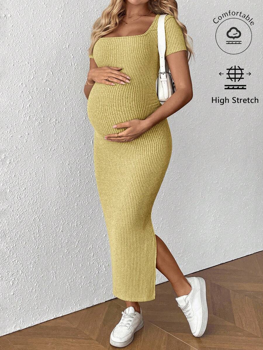 SHEIN Maternity Casual Solid Color Side Slit Fitted Dress, Summer - Yellow - View 1
