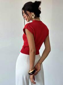 Firerie 优雅高领宽松休闲百搭无袖针织背心，适合外出穿着，秋冬季校园上衣 - 紅色 - 查看 2