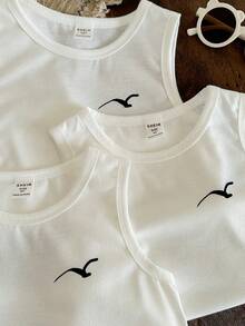 SHEIN Set de 4 camisetas de tirantes casuales y cómodas con gráfico de pájaro para niños, adecuadas para primavera/verano - Blanco - Ver 4
