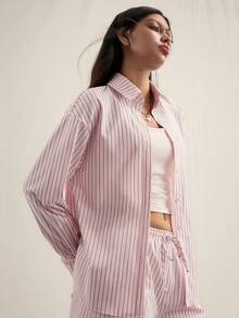 Easelle 2pcs Loose Drop Shoulder Long Sleeve Front Button Pink Striped Woven Women Set Summer Valentine's Day Beach  Outfit For Women Vacation - Pink - View 4