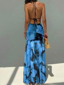 Aloruh Romantic Floral Print Dress With Spaghetti Straps And Open Back, Suitable For Dates, Vacations, Spring/Summer - Black - View 2