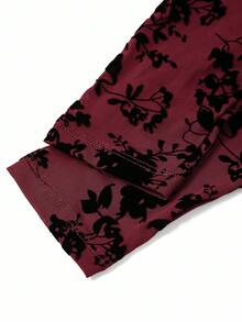 Ellevyn 女士褶裥植绒修身弹力棕色优雅日常休闲派对长袖中长连衣裙，秋冬款 - 酒紅色 - 查看 7