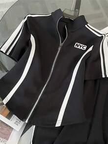 Resyla 修身立领插肩短袖开衫上衣 + 休闲长裤套装 - 黑色 - 查看 3