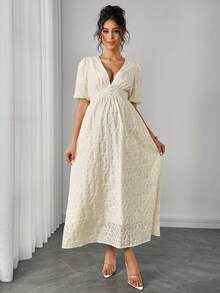 SHEIN Đầm bầu màu trơn cổ chữ V sâu, tay ngắn, thanh lịch - Màu be - Xem 1