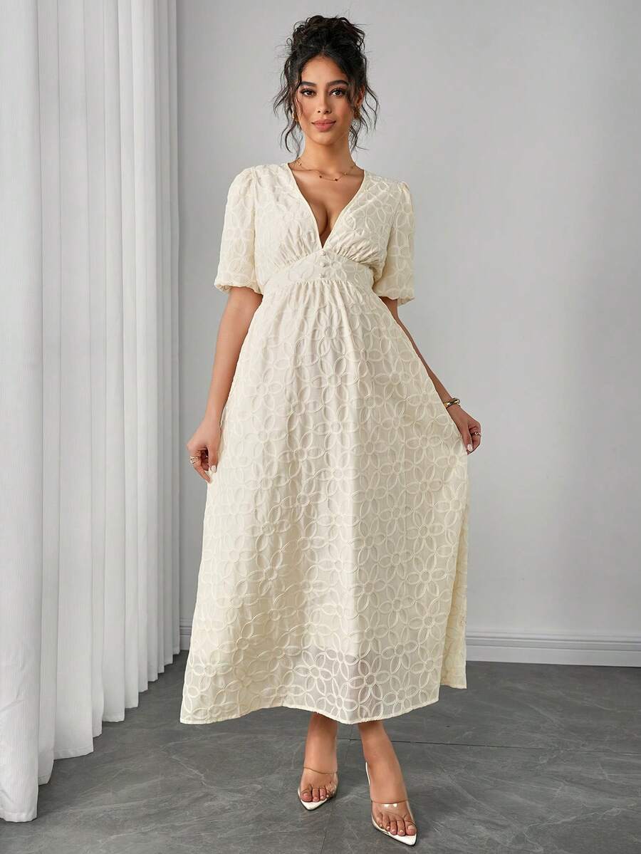 SHEIN Đầm bầu màu trơn cổ chữ V sâu, tay ngắn, thanh lịch - Màu be - Xem 1