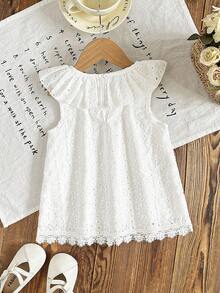 Girls' White Textured Peter Pan Collar Lace Trim Sleeveless Casual T-Shirt - White - View 2