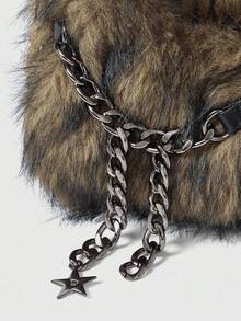 ROMWE Grunge Punk 2000s Style Women Shoulder Bags,Punk  Rivet Biker Bags,Fur Purse ,Autumn & Winter Wallets, Hobo Handbag(Random Pattern) , Goth - 棕色 - 查看 11