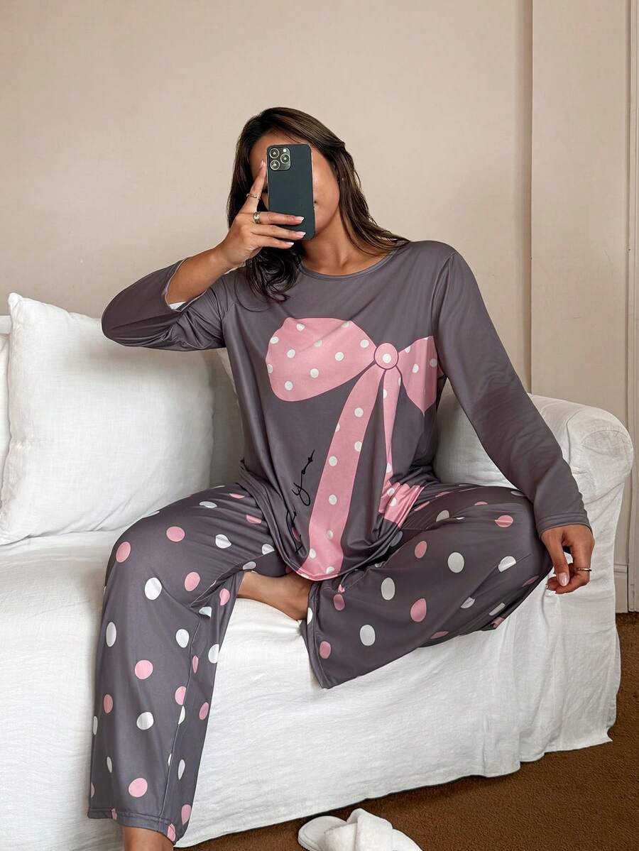 SHEIN Set de pijama de 2 piezas con estampado de lunares y moño en talla grande - Multicolor - Ver 1