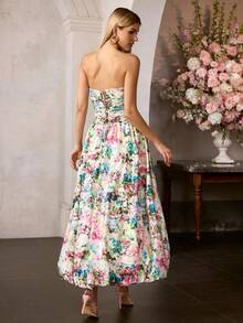 MOTF Soiréza Đầm nữ thanh lịch in hoa, có chi tiết nhún bèo ở ngực, dây đeo mảnh buộc phía sau và vạt xòe rộng, hoàn hảo cho đám cưới, tiệc tùng và các sự kiện lễ hội. - Nhiều màu - Xem 4