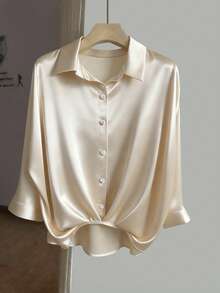Chiquease Women's Autumn/Spring Three-Quarter Sleeve Satin Pleated Shirt, Commuter Shirt, Office Shirt, Office Wear - Apricot - View 1