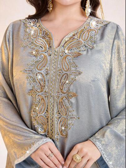 Al Najma 大码女士优雅阿拉伯风格长袖连衣裙，饰有腰果贴花