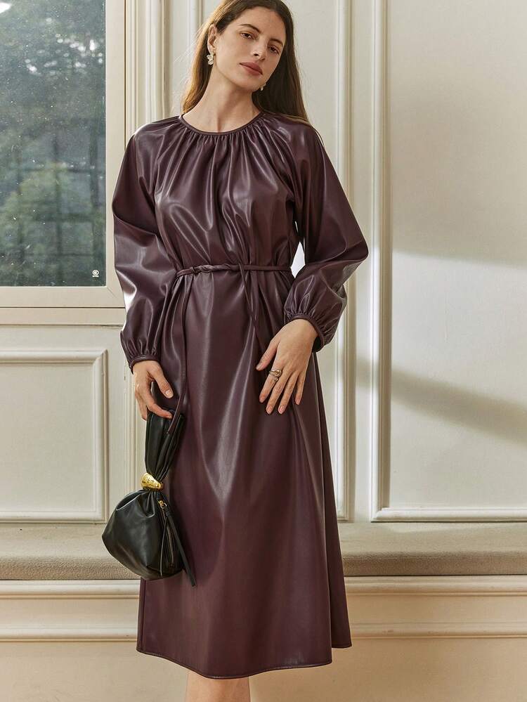 Women's Solid Color Round Neck Long Sleeve Waist Cinched Long Dress Business Casual Woman Maxi Dress Sundress