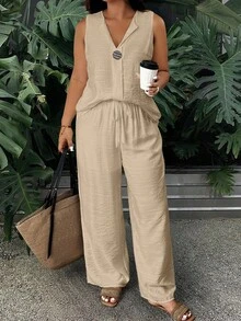 SHEIN PETITE CURVE 大码女式无袖衬衫和宽松长裤两件套，休闲度假装，春夏款 - 卡其色 - 查看 3