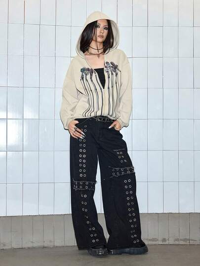 ROMWE Avant Sudadera con capucha con cremallera con estampado de micrófono de entrevista simulado divertido