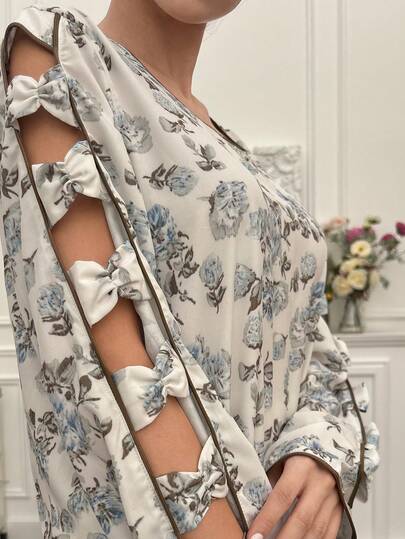 Yasmyna Women's Floral Print Long Dress Floral Dress  Elegant Dresses Summer Beach Vacation Outfits Cutout Cuffs With Bow Design