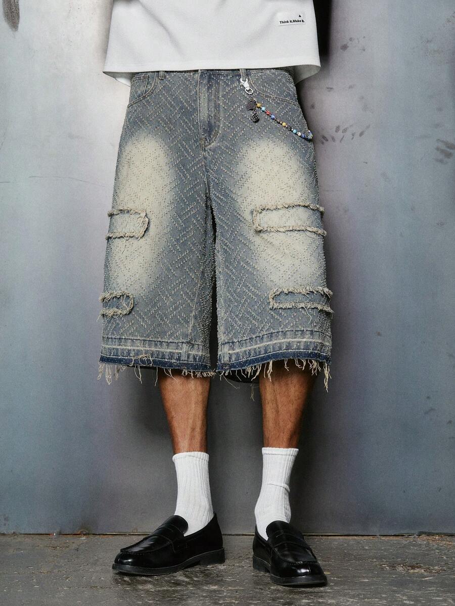 PAVTROS Quần short denim ống rộng dáng suông cổ điển dành cho nam, phong cách đường phố, trang phục grunge mùa hè dành cho nam, quần short denim rách bạc màu thường ngày dành cho nam. - Rửa trung bình - Xem 1