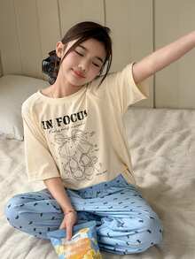 DAZY Bộ đồ mặc nhà tay ngắn cổ tròn in họa tiết tối giản cho bé gái tuổi teen, thích hợp cho mùa xuân. - Màu be - Xem 3