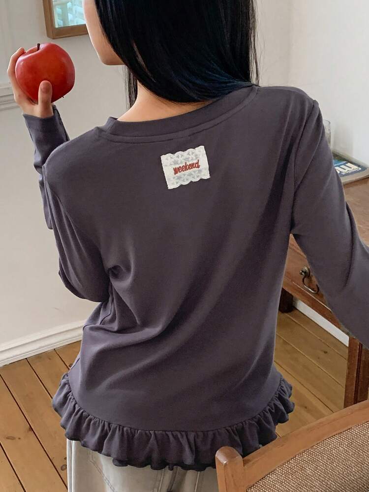 Tween Girls' Casual Embellished Ruffle Hem Long Sleeve T-Shirt, Autumn Spring