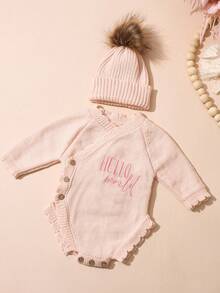 针织“Hello World”刺绣新生儿连体衣，配同款毛球帽，可作婴儿出生公告连体衣、婴儿摄影道具，米色，适合宝宝回家穿着 - 粉色 - 查看 2