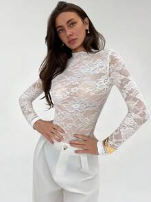 Aloruh Solid Color Stand Collar Sheer Lace Long Sleeve Bodysuit - White - View 3