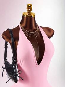 Amplova 女士性感字母刺绣露背吊带迷你连衣裙，夏季 - 粉色 - 查看 5