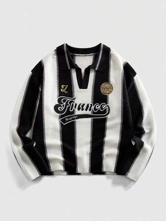 Prep Herren Retro Fußball inspirierter Pullover mit Kragen, Streetwear Stil