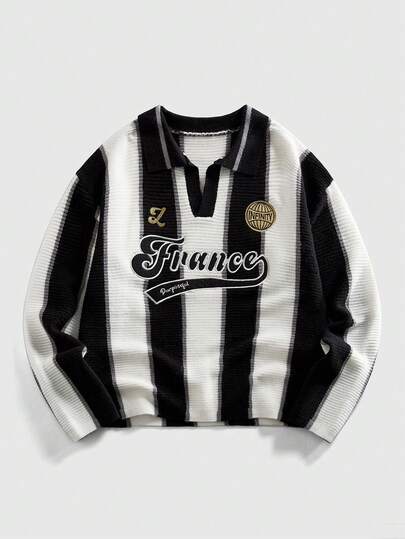 Prep Herren Retro Fußball inspirierter Pullover mit Kragen, Streetwear Stil