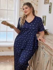 CottageSlumber Plus Size Women Knitted Ribbed Ditsy Floral Short Sleeve Pajama Set - Blue - View 2