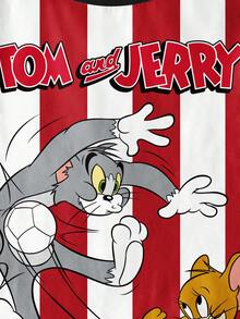 TOM & JERRY X SHEIN 男婴休闲条纹卡通图案圆领短袖上衣，夏季 - 白色 - 查看 4