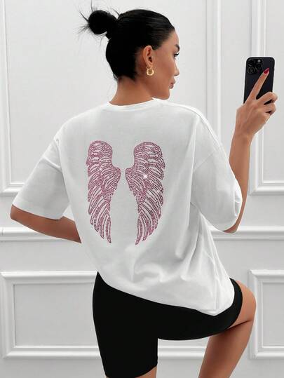 Cloudara Short Sleeve T-Shirt With "Heaven Made" Front Lettering And Angel Wings Back Hotfix Rhinestone