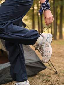 SHEIN In My Nature Women's Letter Print Drawstring Waist Pleated Outdoor Pants - Blue - View 6