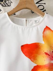 SHEIN 少女款编织花卉图案休闲圆领连衣裙 - 白色 - 查看 5