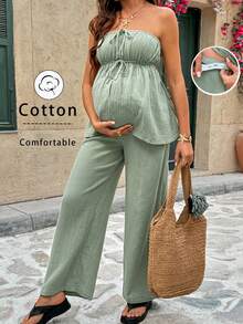 SHEIN 两件套孕妇纯色打结抹胸上衣和裤子休闲套装 - 薄荷綠 - 查看 8