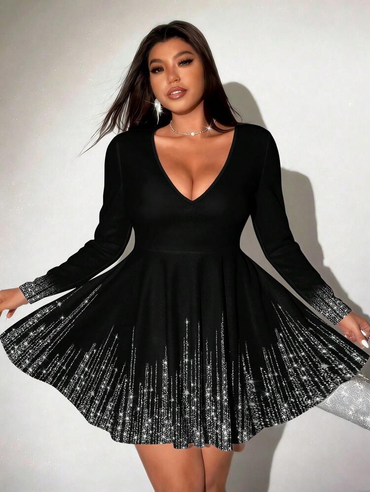 Elenzga Women's Rhinestone Pattern Digital Print V-Neck Dress, Suitable For Various Occasions Such As New Year, Parties, Graduation Season, Back-To-School Parties, Dates And Daily Wear. It Has Multiple Styles Including Fashion, Elegant, Casual, Sexy, And Streetwear. Suitable For Autumn, Winter, Spring, Summer, Spring/Autumn, Autumn/Winter. Long Sleeve Dress, Casual Dress, Party Dress - Multicolor - View 2