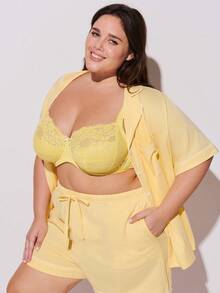LUVLETTE Plus Woman Full Coverage Lingerie Lounge Curve Support & Breathable Yellow Underwire Sexy Unlined Minimizer Lace Elegance Bra Bridal Intimates - Yellow - View 5